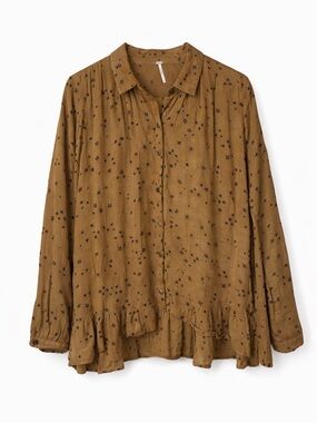 Free People Star Print Crinkle Ruffle Hem Button Down Blouse Brown